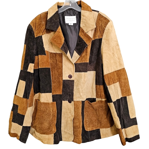 Studio C Retro Patchwork Leather Collared Longsleeve Button Front Jacket… - Picture 8 of 17